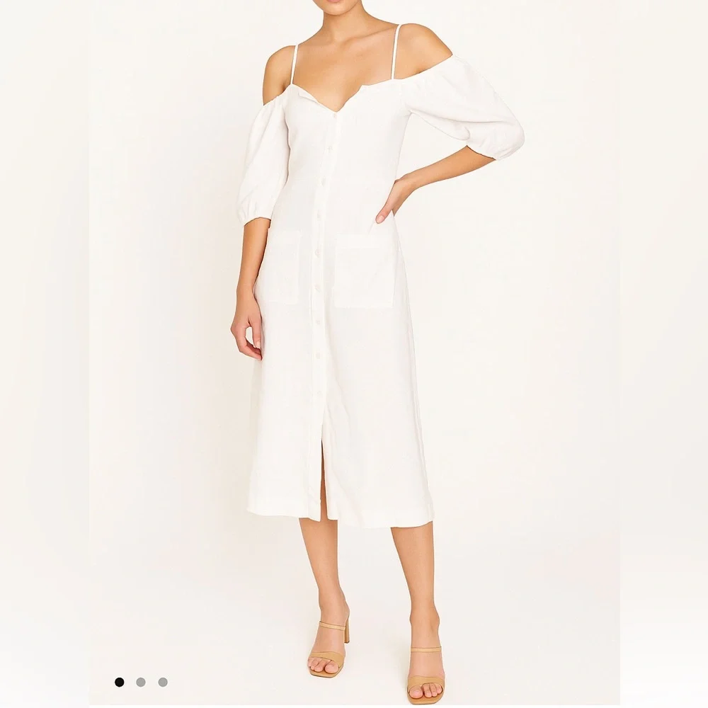 NWOT Reformation Square Neckline Midi Length  Button Up White Linen Dress Size S - Picture 2 of 10